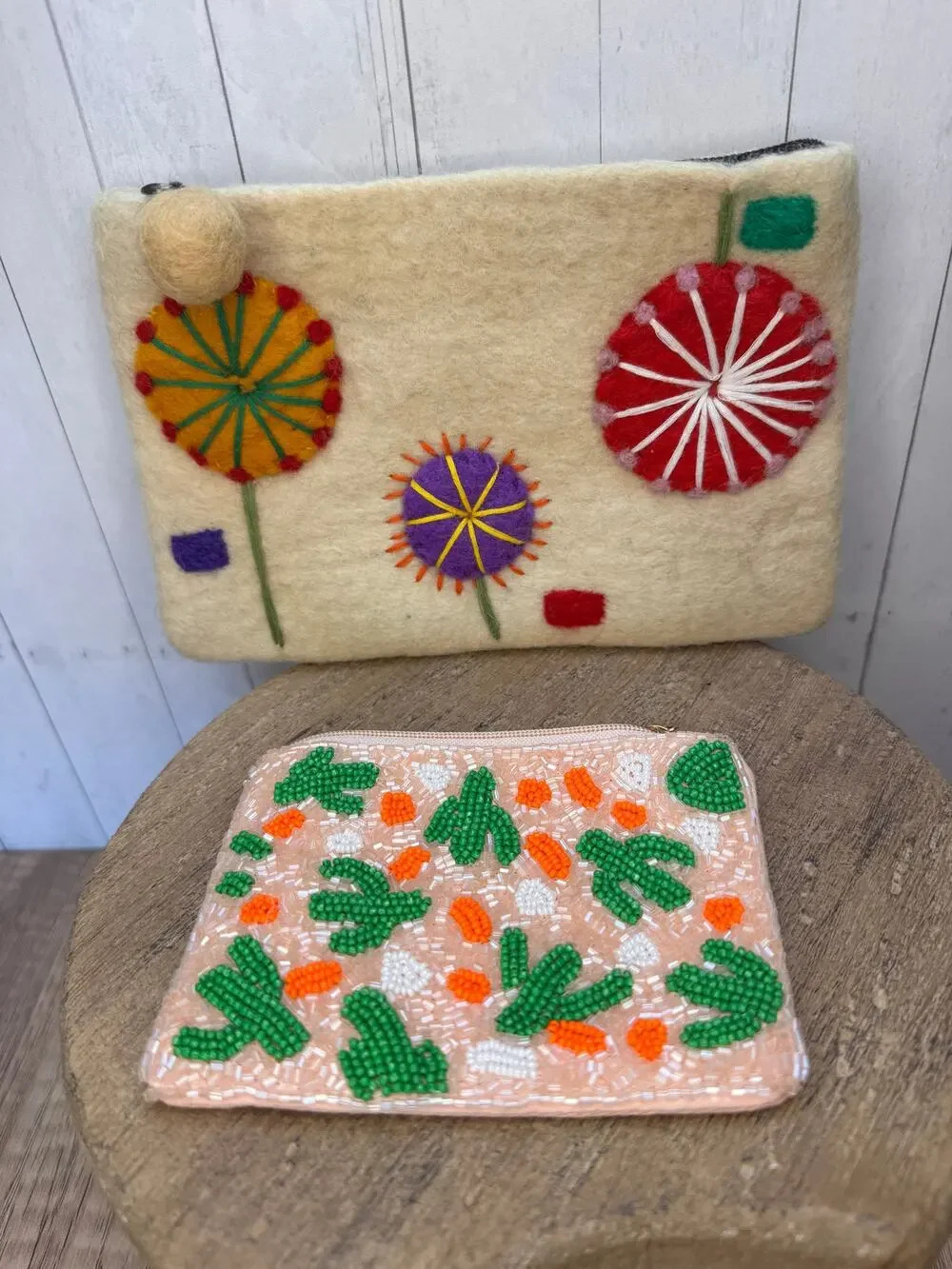 Set of 2 Coin Purses Cactus Coin Purse Felted Wool Boho Flower Bag NEW!